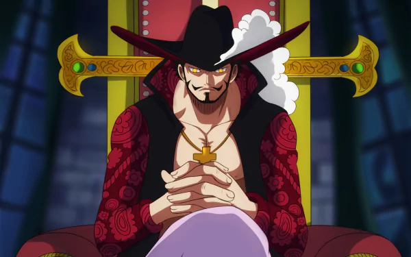 HD anime desktop wallpaper featuring Dracule Mihawk from One Piece seated confidently with his large cross-shaped sword behind him.
