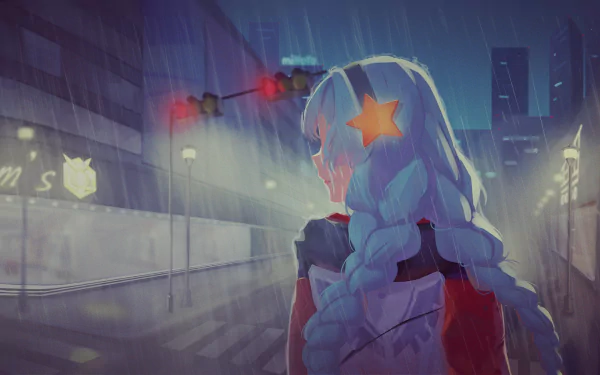 HD PC desktop wallpaper featuring a character from the video game Honkai Impact 3rd standing in a rainy, neon-lit urban environment at night.