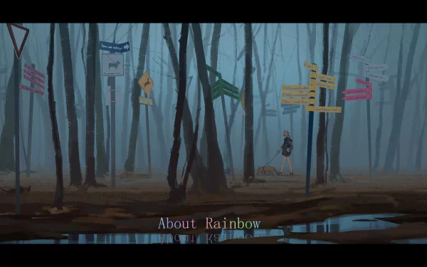Anime forest scene with tall bare trees, floating colorful signposts and a lone walker with a dog; 5K Ultra HD PC desktop wallpaper/background.