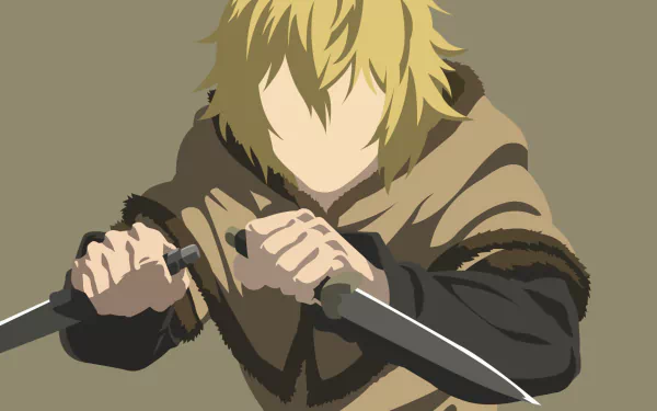 HD anime desktop wallpaper featuring Thorfinn from Vinland Saga, depicted in a dynamic pose holding dual knives against a muted background.