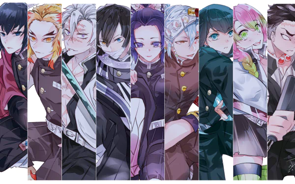 HD desktop wallpaper featuring characters Tengen Uzui, Sanemi Shinazugawa, Obanai Iguro, Muichiro Tokito, Kyojuro Rengoku, Gyomei Himejima, Mitsuri Kanroji, Shinobu Kochou, and Giyuu Tomioka from the anime Demon Slayer: Kimetsu no Yaiba.