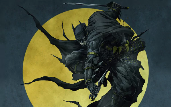 HD PC desktop wallpaper featuring Batman in ninja attire poised with swords against a large yellow moon, inspired by the Batman Ninja movie.