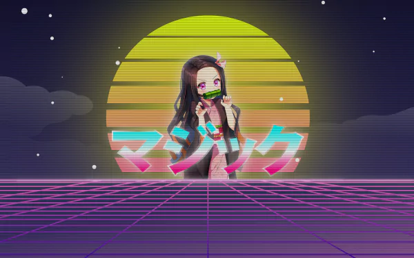 HD desktop wallpaper of Nezuko Kamado from Demon Slayer: Kimetsu no Yaiba in a vaporwave style, with a neon grid and sunset backdrop, capturing a blend of anime aesthetics and retro-futuristic vibe.