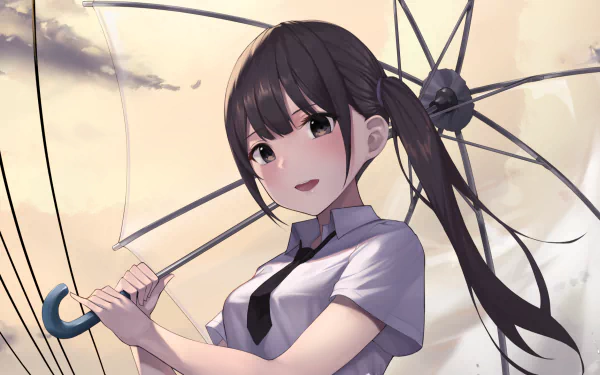 Anime character with brown hair and black eyes standing in the rain with a stylish umbrella. HD desktop wallpaper.