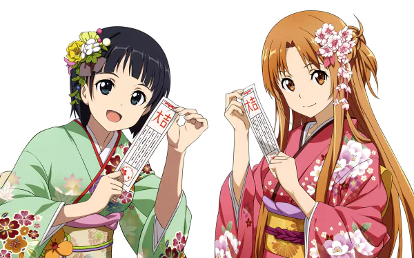 Suguha Kirigaya and Asuna Yuuki from Sword Art Online wear floral kimonos, holding omikuji papers in this vibrant 4K Ultra HD anime desktop wallpaper.
