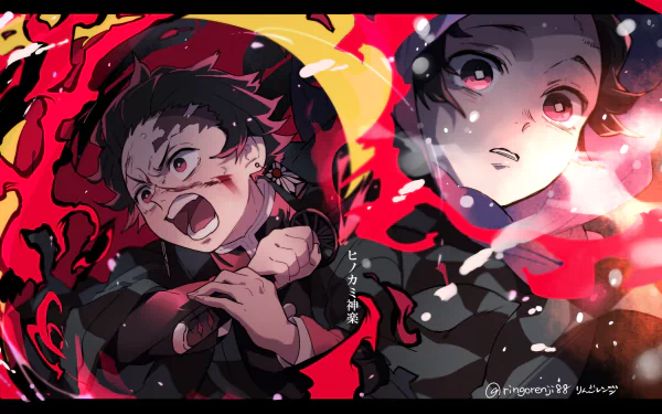 HD desktop wallpaper featuring Tanjiro Kamado from the anime Demon Slayer: Kimetsu no Yaiba. The image showcases dynamic and emotional scenes with vibrant colors.