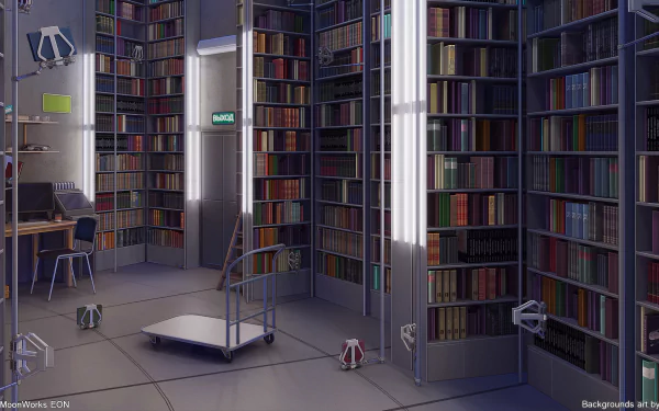 HD anime-style desktop wallpaper depicting a quiet library with tall bookshelves, scattered books, and a book cart under soft lighting.
