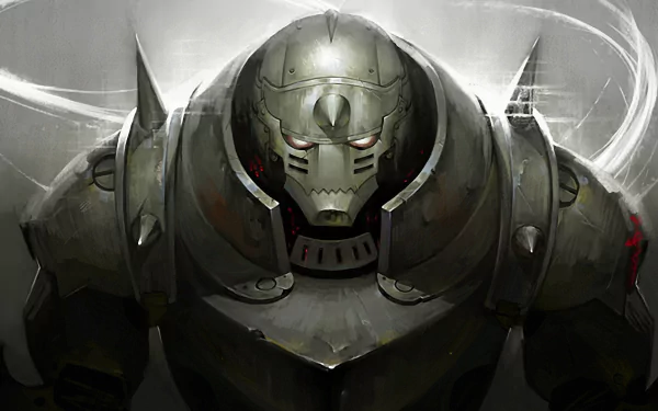 A high-definition desktop wallpaper featuring Alphonse Elric from the anime Fullmetal Alchemist, showcasing his armored form in a dramatic and detailed artistic style.