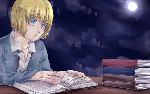 Armin Arlert from Attack on Titan studies intensely at night, surrounded by books under a full moon, captured in a detailed anime-style HD desktop wallpaper.