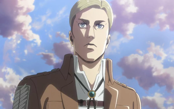 HD anime desktop wallpaper featuring Erwin Smith from Attack on Titan against a cloudy sky background.