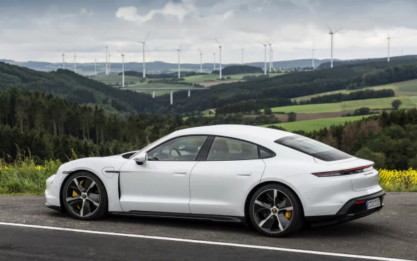 wind turbine white car car Porsche Taycan Porsche vehicle Porsche Taycan Turbo S HD Desktop Wallpaper | Background Image
