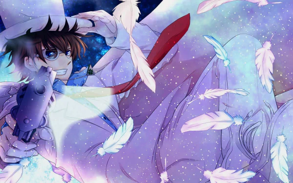 HD PC desktop wallpaper of Kaito Kuroba (Magic Kaito 1412): dramatic anime pose, flowing cape and drifting white feathers against a starry pastel backdrop; tagged Detective Conan.