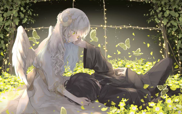 An anime HD wallpaper featuring a romantic scene with a couple. An angel with wings is tenderly looking at a person lying down, surrounded by yellow flowers and illuminated by soft lights.