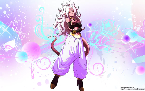 HD PC desktop wallpaper featuring Android 21 from the Dragon Ball FighterZ video game, set against a vibrant, pastel-colored background with abstract light effects.