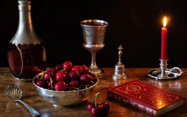 goblet pitcher bowl candle cherry photography still life HD Desktop Wallpaper | Background Image