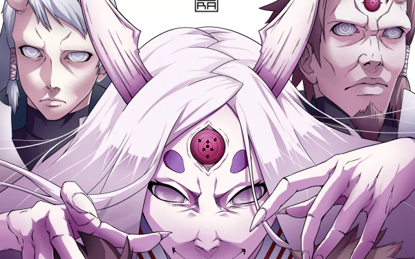 4K Ultra HD anime wallpaper featuring Kaguya Ōtsutsuki, Hagoromo Ōtsutsuki, and Hamura Ōtsutsuki from Naruto, showcasing intense expressions and detailed artwork.