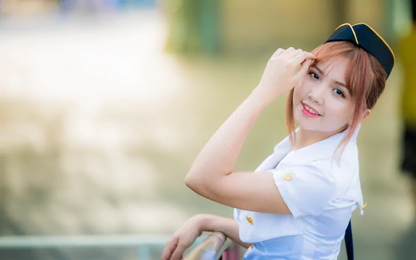 brunette depth of field stewardess uniform asian woman model HD Desktop Wallpaper | Background Image