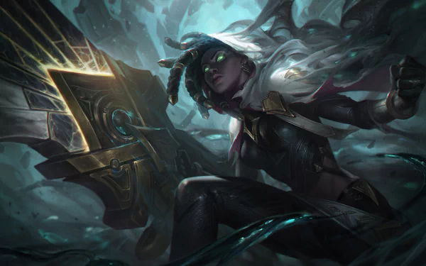 4K Ultra HD wallpaper of Senna from League of Legends, featuring her in a dark, mystical setting with glowing eyes and her signature weapon.