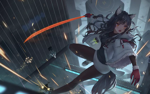 A dynamic HD wallpaper featuring Texas from Arknights. She has yellow eyes, long black hair with animal ears and a tail, holding a katana. The backdrop is a bustling city in a video game setting.
