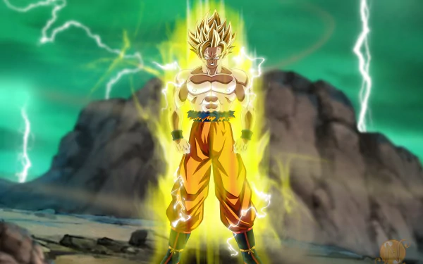 Ultra HD 8K wallpaper of Goku in Super Saiyan form from Dragon Ball Super, glowing with energy amid a stormy, rocky landscape.