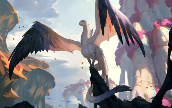 HD desktop wallpaper featuring a majestic creature from the video game Legends of Runeterra soaring amid dramatic rocky landscapes.