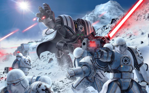 4K Ultra HD Star Wars PC wallpaper: Darth Vader leads Sith and stormtroopers — snowtroopers advance in a snowy video game battle, red lightsaber blazing.