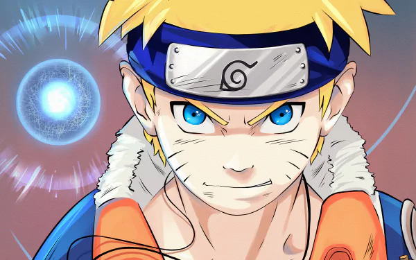 Anime Naruto 2K Quad HD PC desktop wallpaper: close-up of Naruto Uzumaki with forehead protector, intense blue eyes and Rasengan glowing behind him.