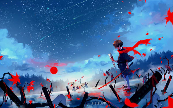 HD desktop wallpaper featuring an anime-style character in a fall scene with red leaves, under a starry sky. The vibrant colors and detailed background create a captivating and serene atmosphere.