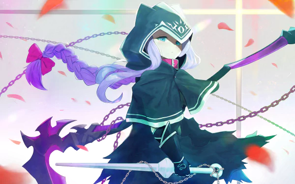 Anime-style HD wallpaper of Medusa from Fate/Grand Order with long purple hair, blue eyes, wielding a scythe and chains, set against a soft, glowing background.