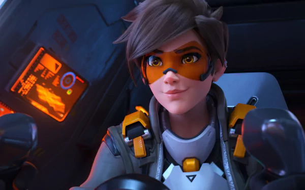 Tracer (Overwatch) from Overwatch 2 smiling in a cockpit, vivid video game render — 2K Quad HD PC desktop wallpaper and background.
