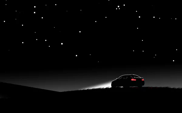 Artistic HD PC desktop wallpaper showing a car with illuminated taillights parked under a starry night sky on a dark horizon.