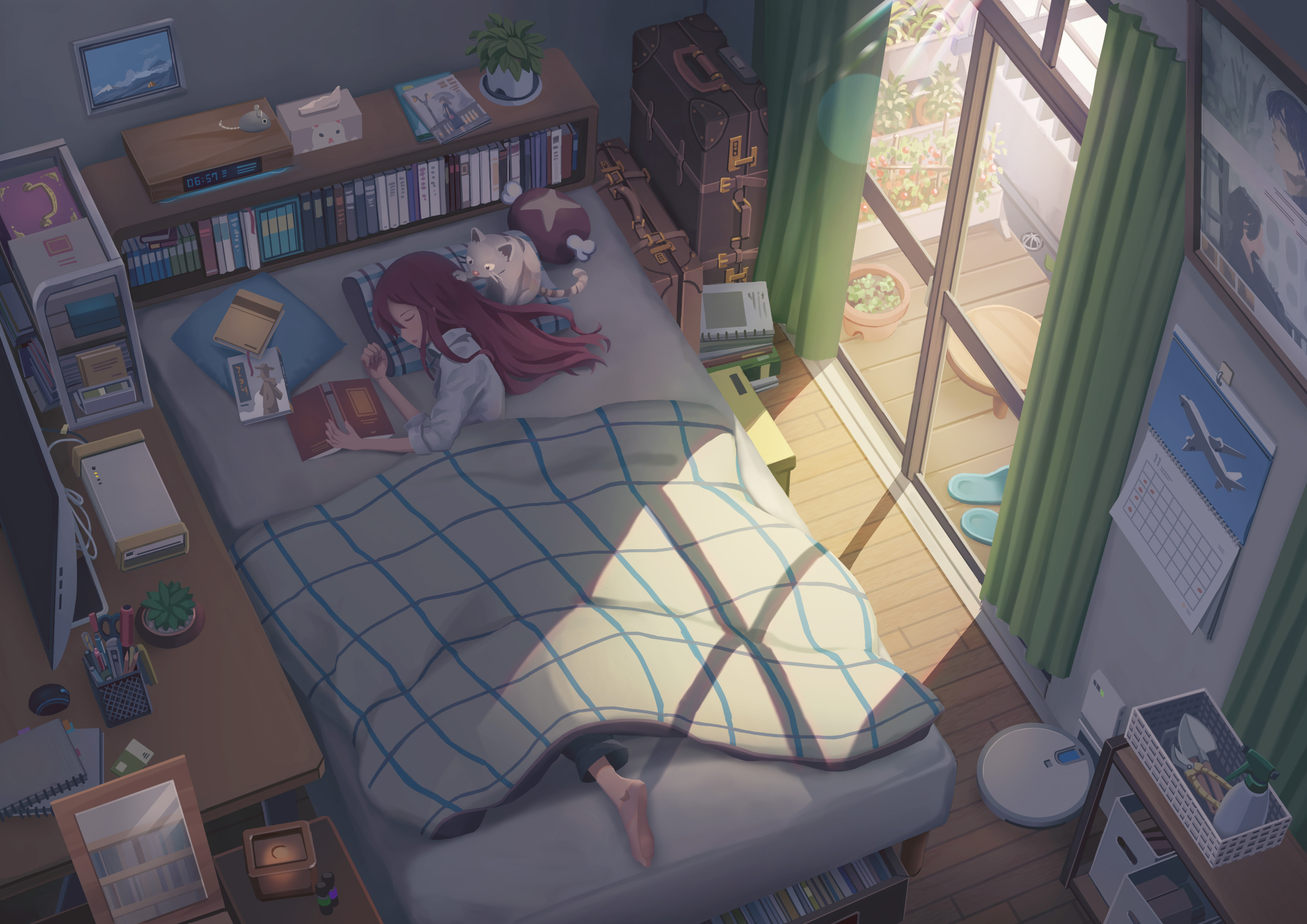 Girl sleeping in bed and cat touching her hair by 三月 （みつき）