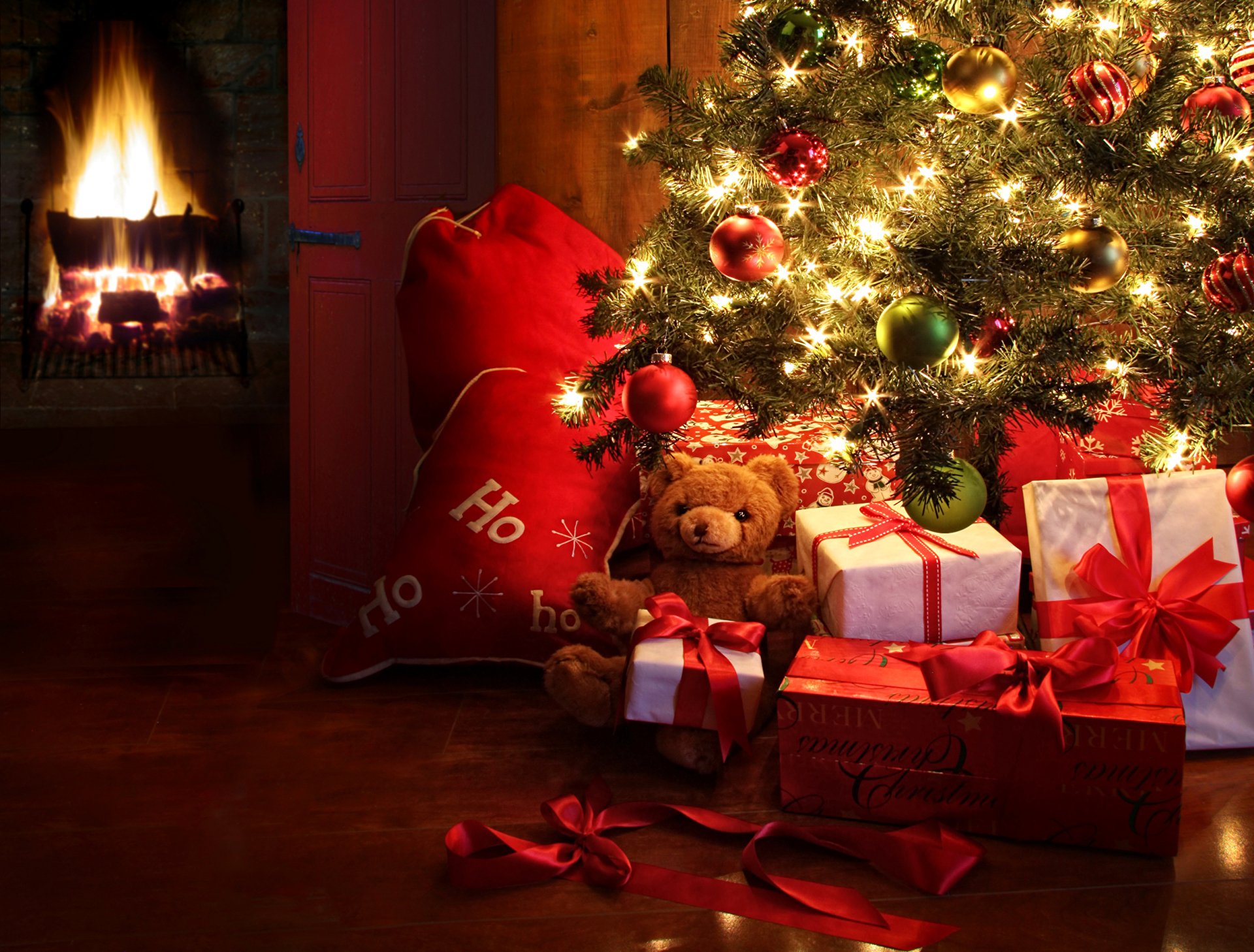 Download Fireplace Christmas Tree Gift Teddy Bear Christmas Lights ...