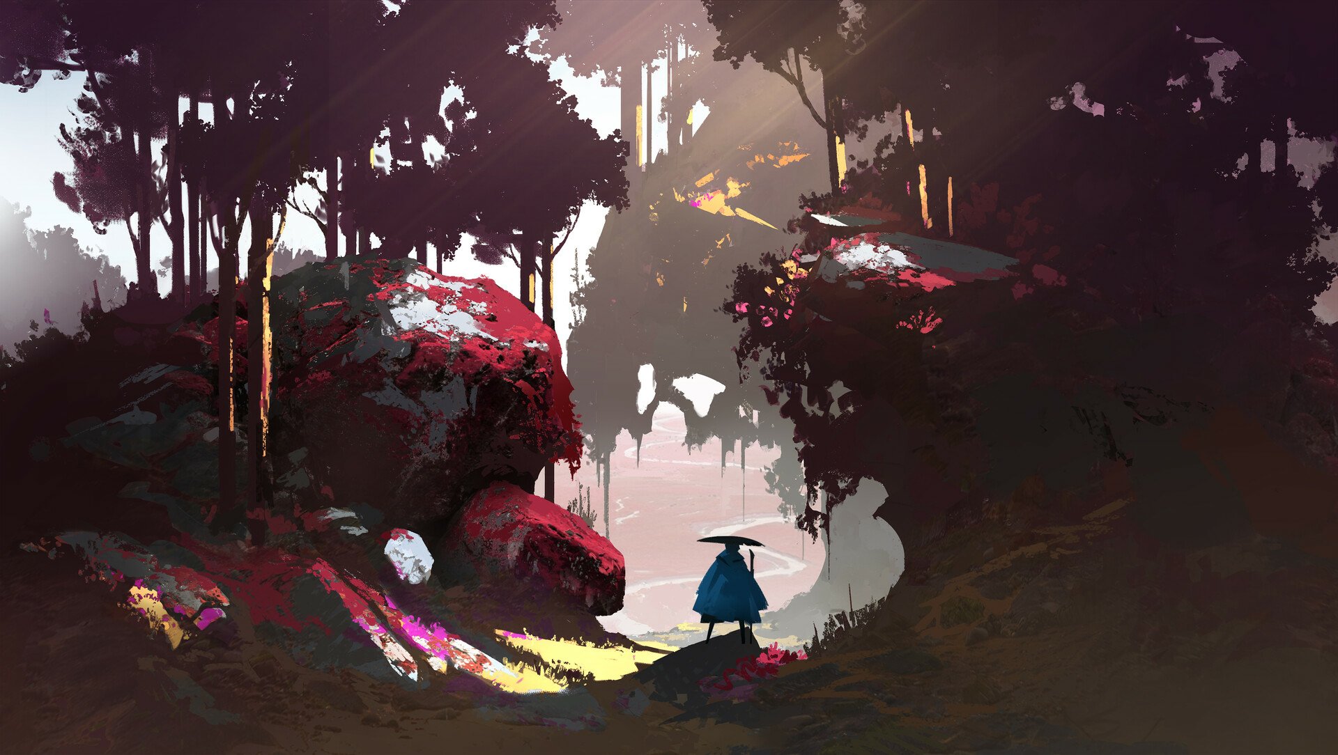 Artistic fantasy tree scene, HD PC desktop wallpaper: a cloaked figure stands beneath towering glowing trees and colorful rock formations opening to a misty light.