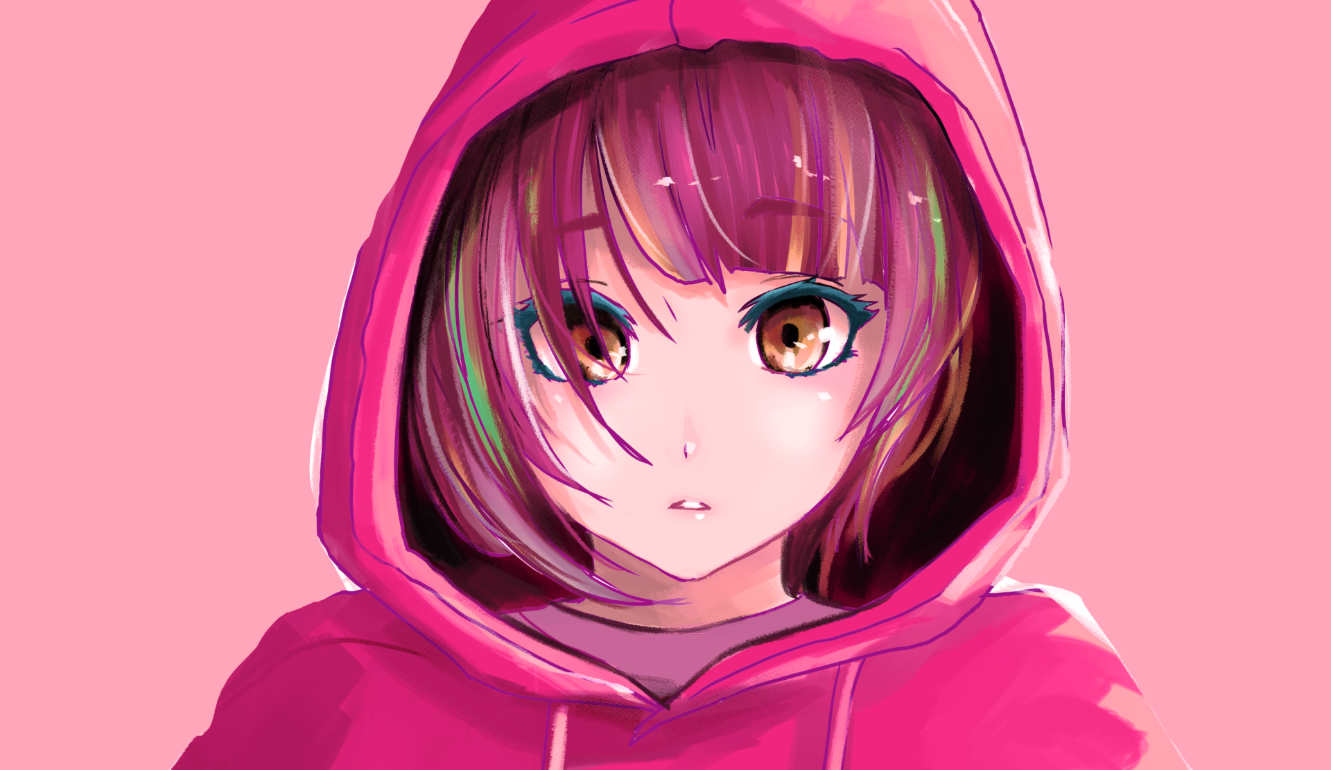HD anime desktop wallpaper featuring an original character with brown eyes and pink hair, wearing a hooded sweatshirt against a soft pink background.