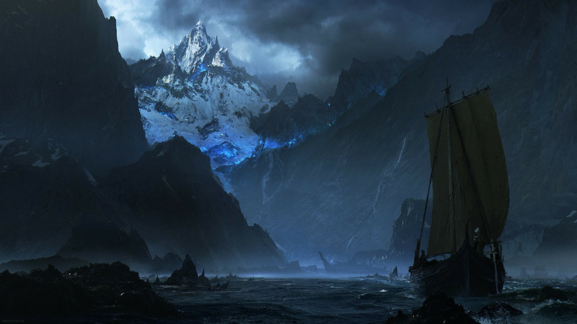 Download Mountain Water Boat Ice Fantasy Ship HD Wallpaper by Tam Nguyen