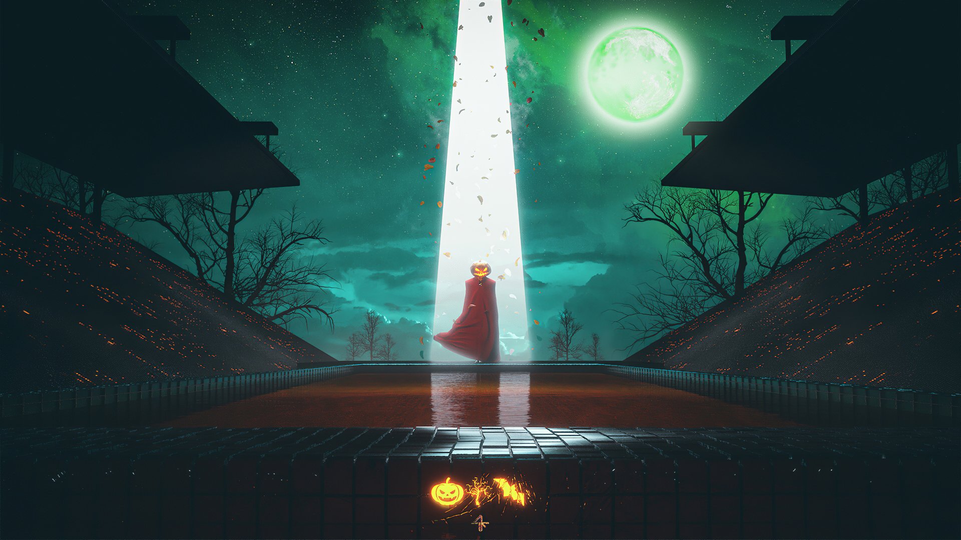 4K Ultra HD Halloween holiday wallpaper featuring a cloaked figure with a pumpkin head illuminated by a beam of light under a glowing full moon in a dark, eerie landscape.