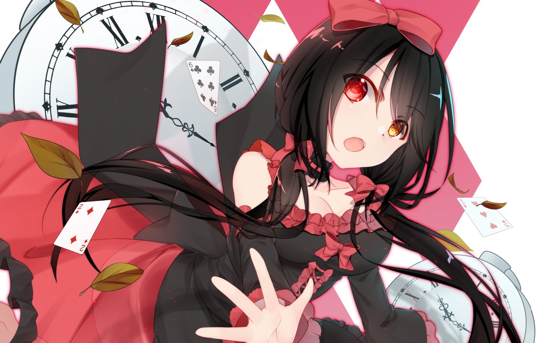 Kurumi Tokisaki (Date A Live) anime wallpaper: heterochromia with red and gold eyes, black-and-red gothic dress, floating playing cards and clock motifs — 2K Quad HD PC desktop background.
