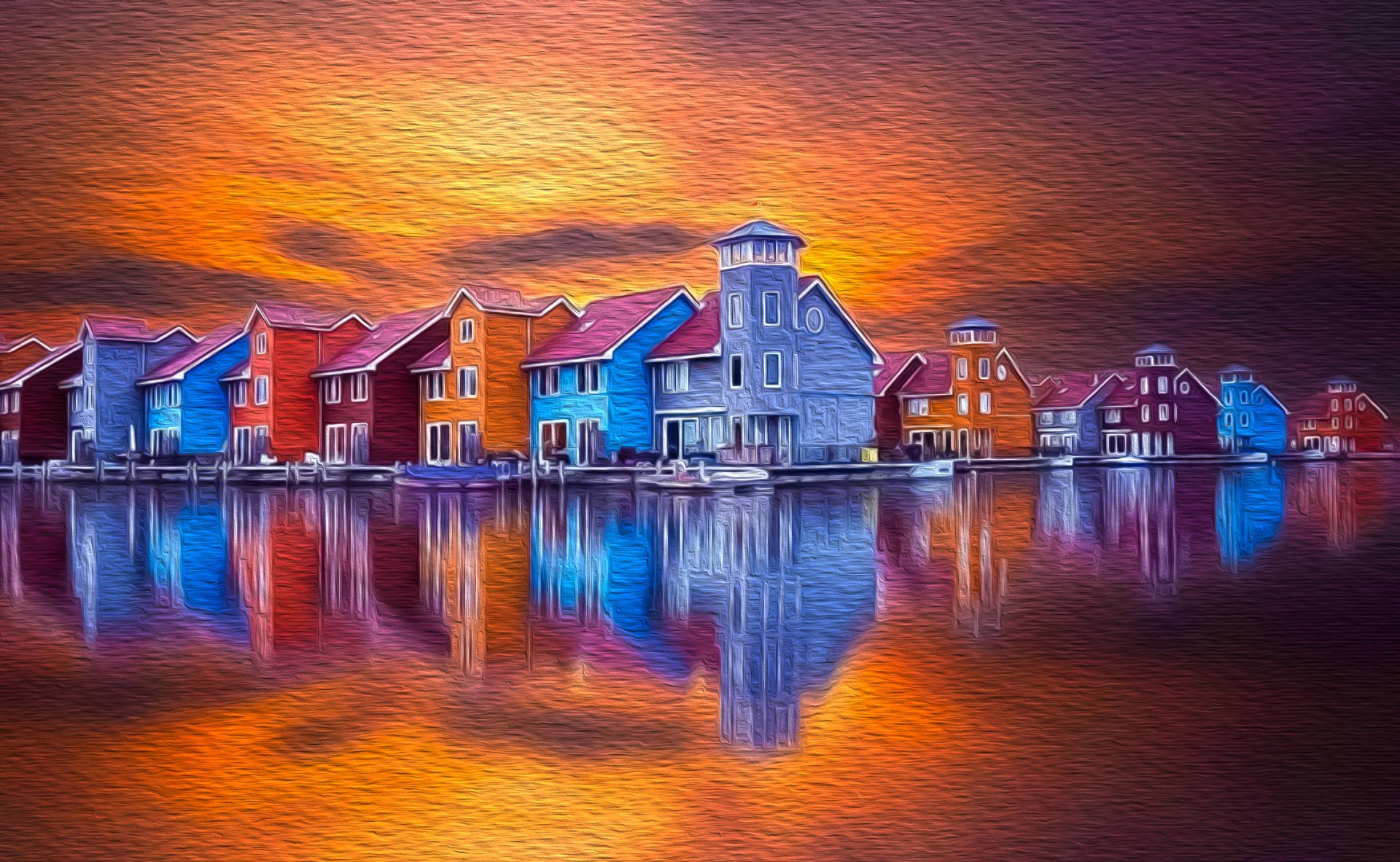 Colorful Houses, Netherlands - Oil on Textured Paper by Manufan63