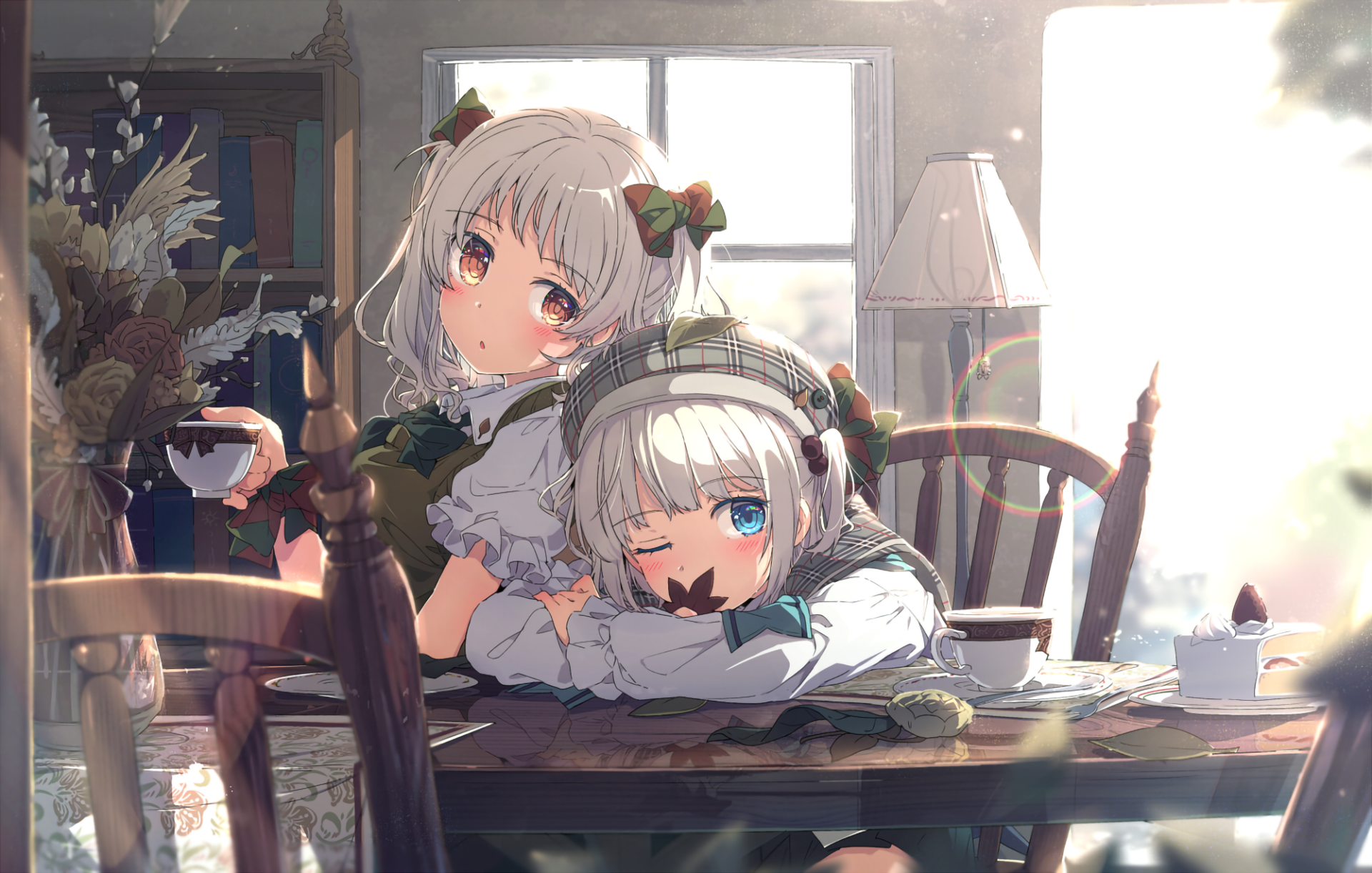 Anime HD wallpaper featuring two girls with white hair, one with brown eyes and the other with blue eyes, in a cozy, sunlit room with a tea set and books in the background.