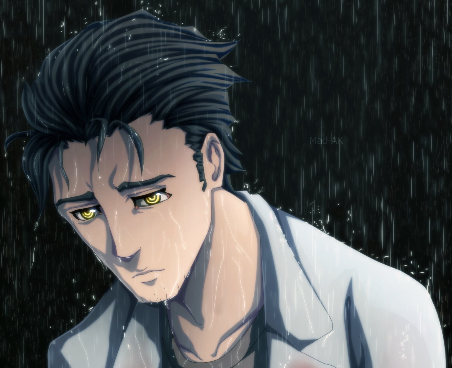 HD anime desktop wallpaper featuring Rintaro Okabe from Steins;Gate, depicted with wet hair and intense yellow eyes under rain.