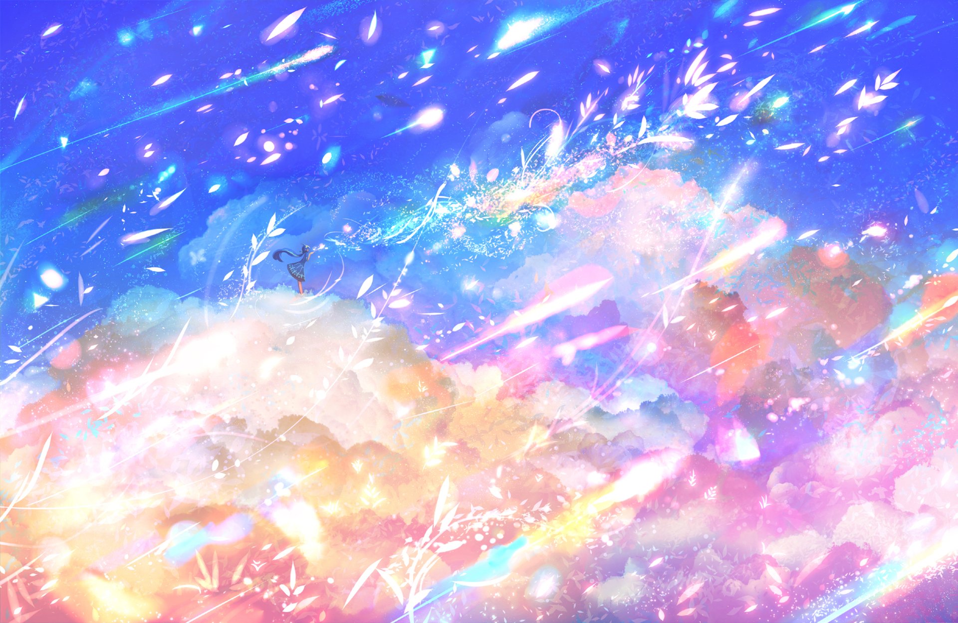 A vibrant anime-style HD desktop wallpaper featuring a fantastical scene with colorful clouds and dynamic light streaks against a blue sky.