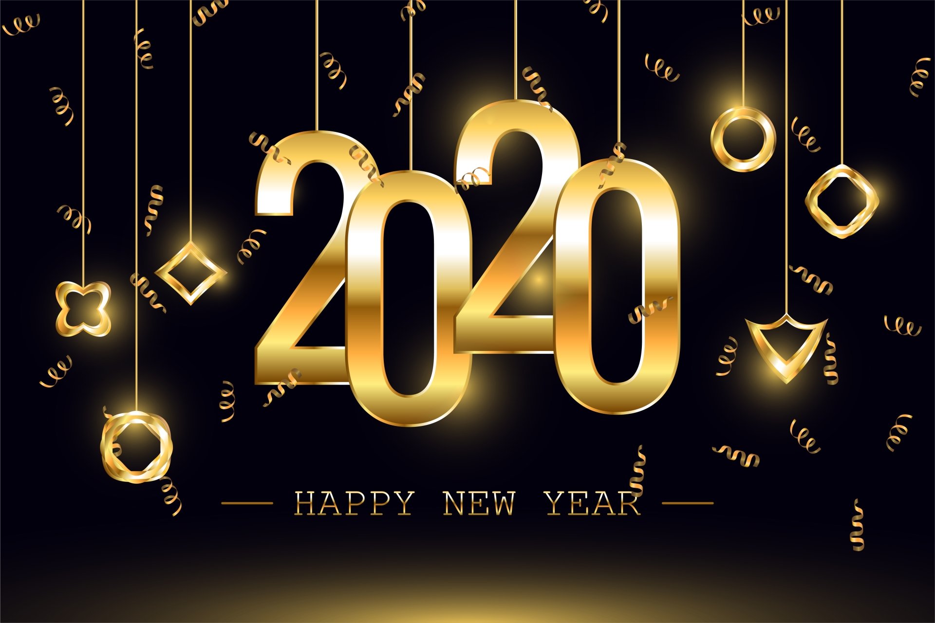 2020 golden numbers with festive confetti and ornaments on a black background, celebrating Happy New Year 2020 in 4K Ultra HD holiday wallpaper style.