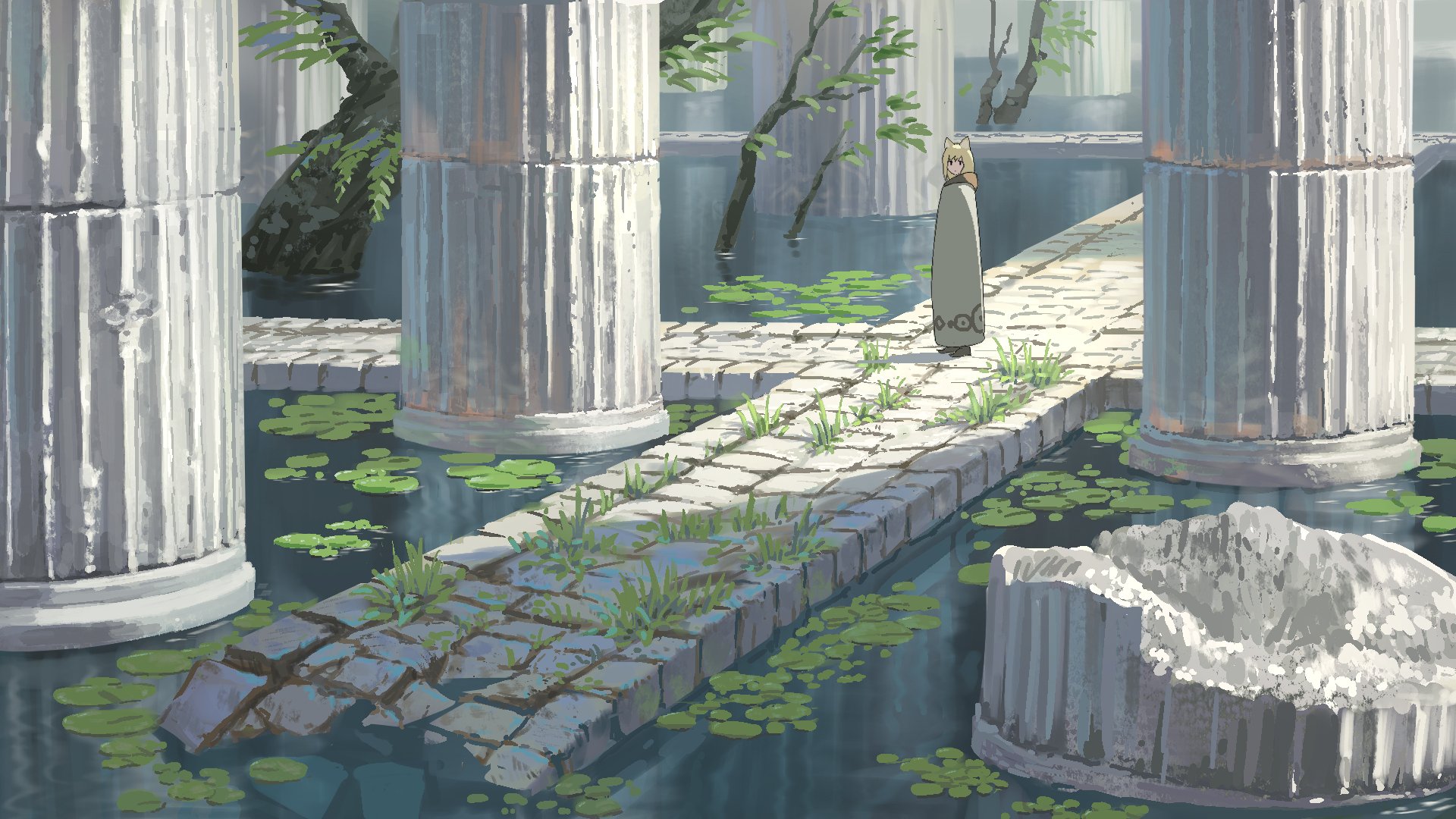 Anime-style original HD desktop wallpaper depicting a serene scene with ancient stone pillars, water lilies, and a lone figure walking along a weathered stone path.