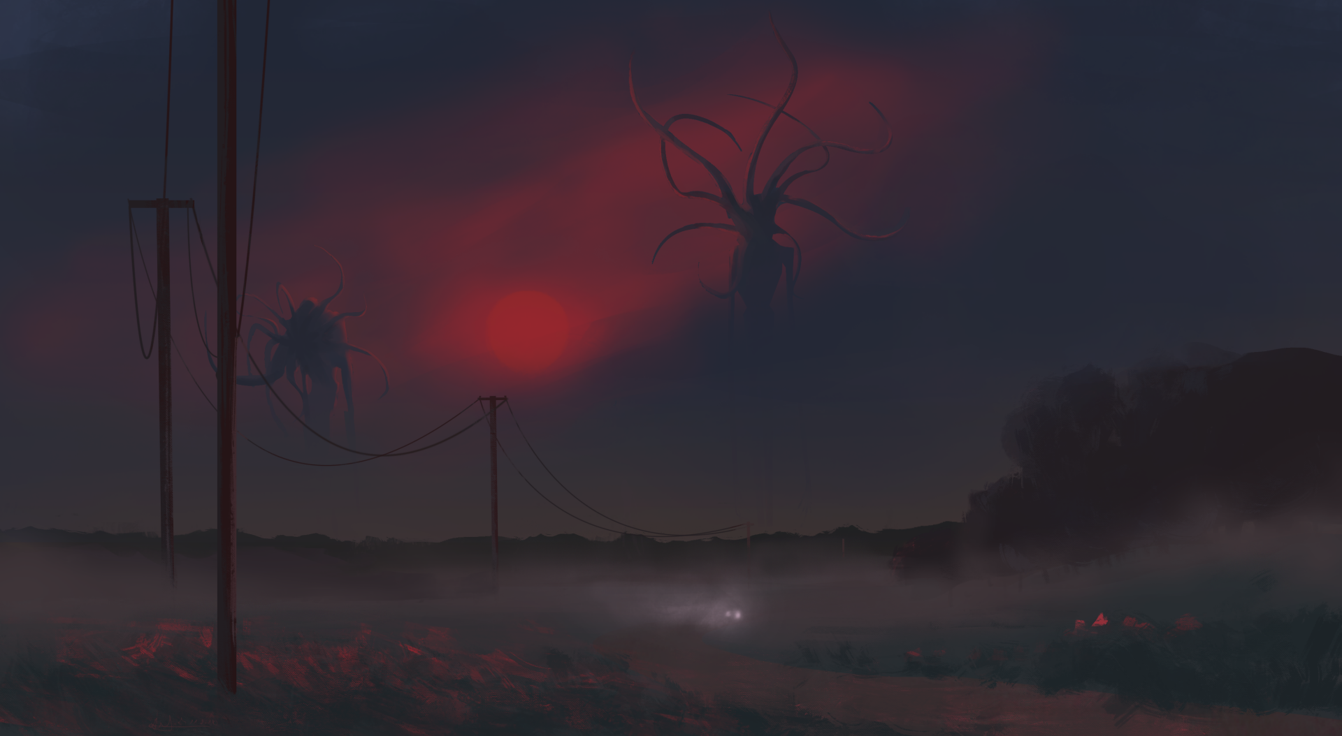 HD PC desktop wallpaper featuring dark, ominous creatures with glowing red eyes emerging from a misty, eerie landscape under a dim, reddish sky.