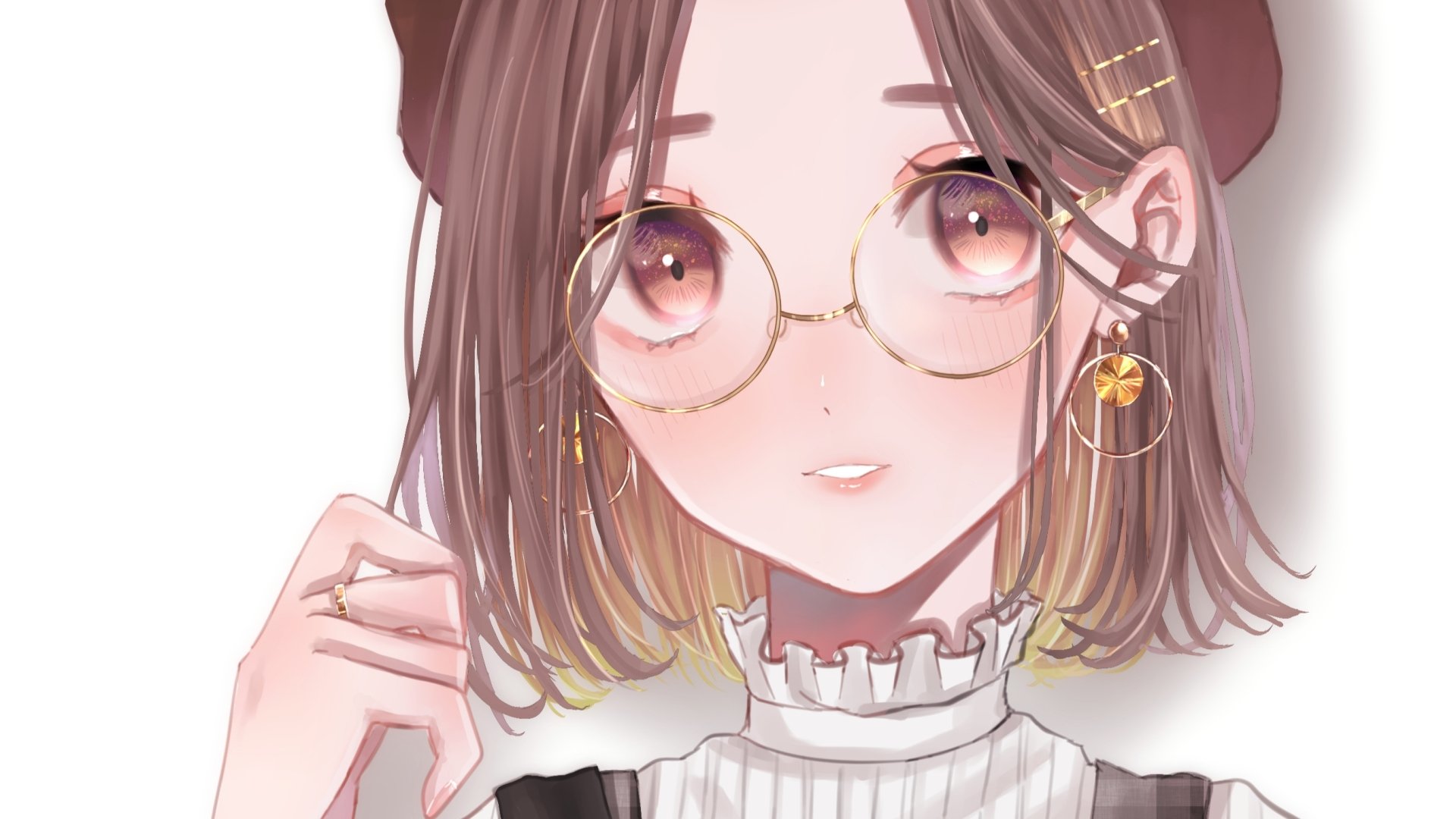 Anime original portrait of a brown-haired girl wearing round glasses and gold earrings, soft pastel tones — 2K Quad HD PC desktop wallpaper/background.