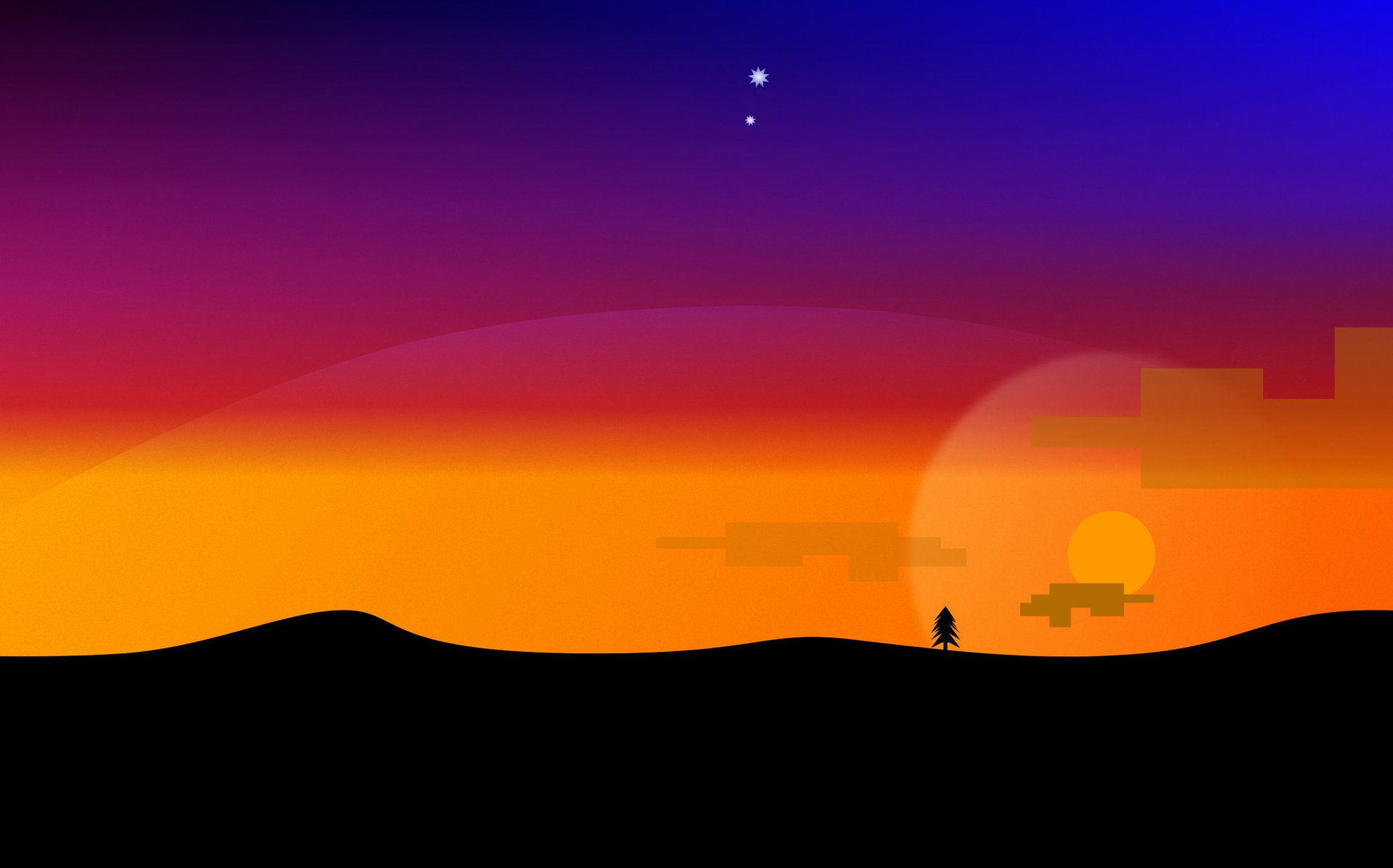 Artistic HD desktop wallpaper featuring a vibrant sunset with a large sun near the horizon and a small silhouetted figure against a gradient sky.