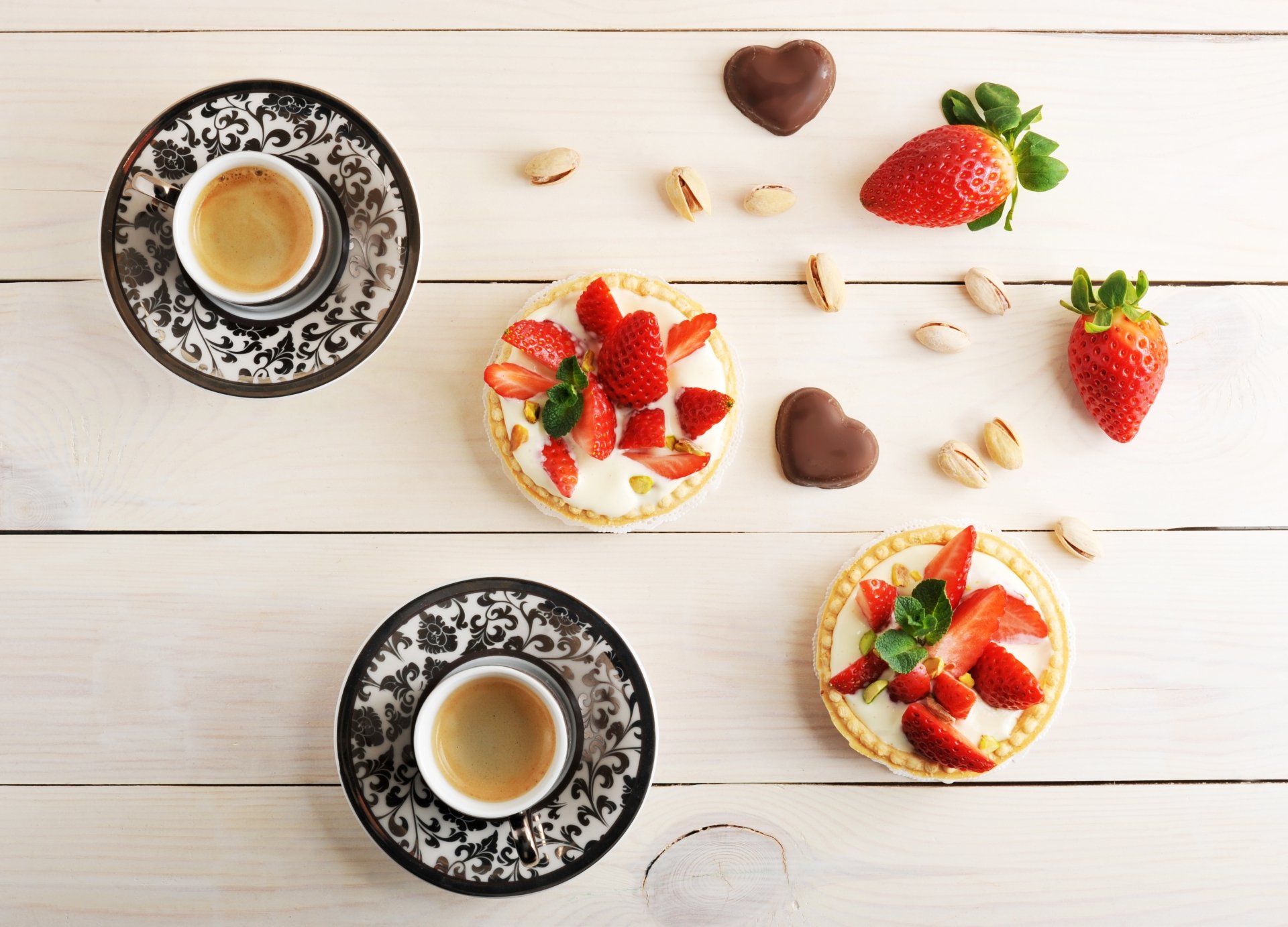Download Still Life Pastry Strawberry Tartlet Cup Coffee Food Dessert 4k Ultra HD Wallpaper