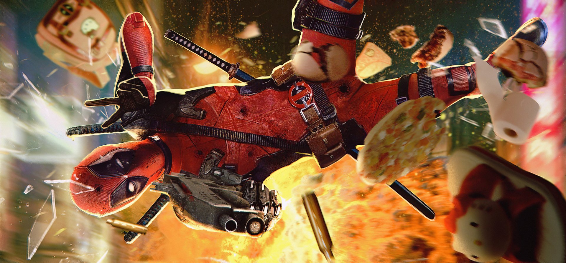 HD PC desktop wallpaper featuring Deadpool in action, surrounded by flying weapons and debris, capturing the comic's dynamic and chaotic energy.