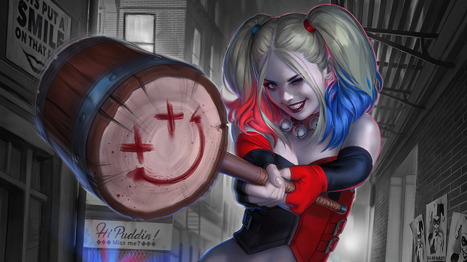 HD desktop wallpaper featuring Harley Quinn from DC Comics with blonde twintails, red and blue highlights, wielding a large mallet in a dark urban alley.